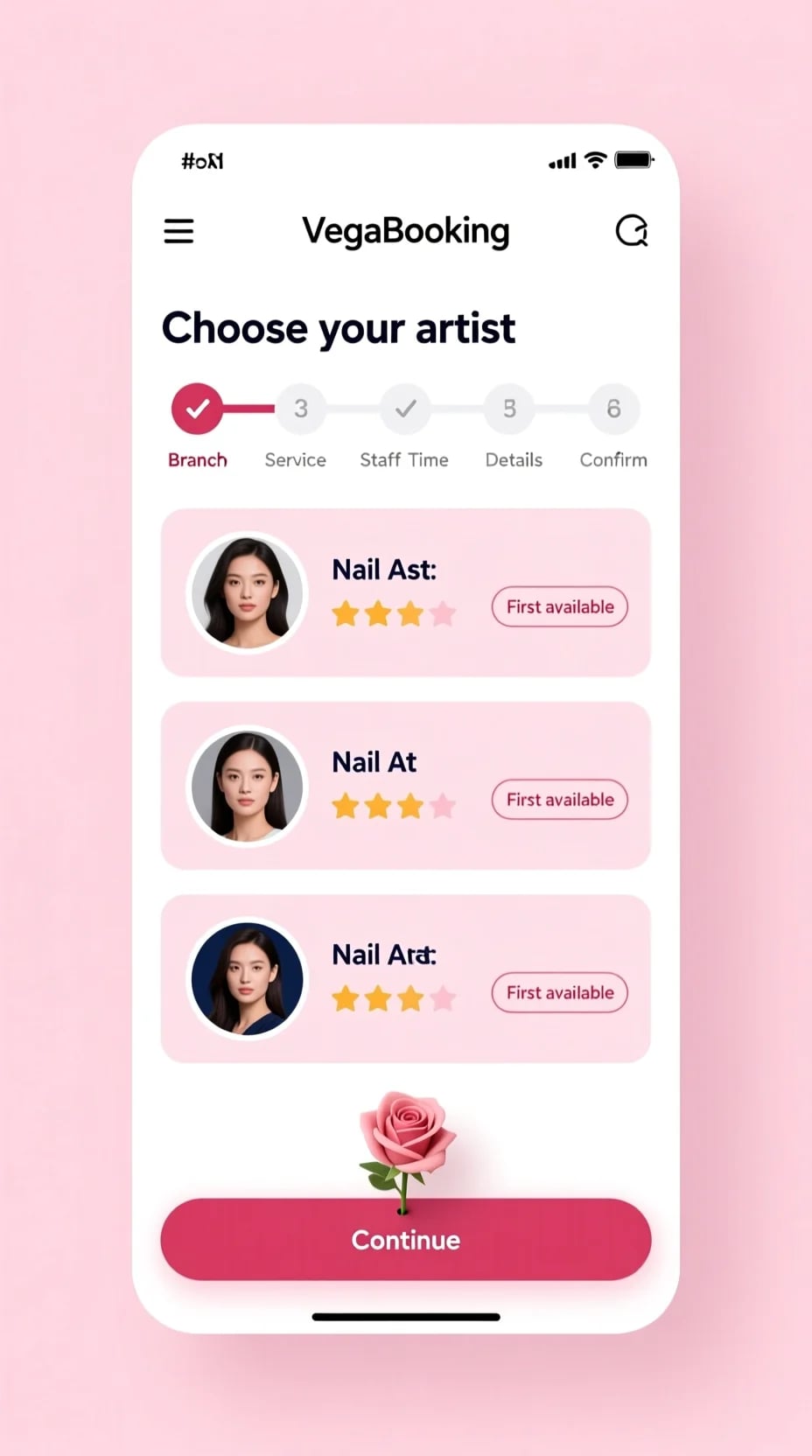 Phone showing the six-step BenaPro client booking flow