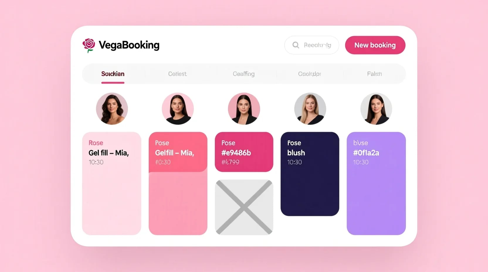 Weekly booking calendar with color-coded appointments per nail artist