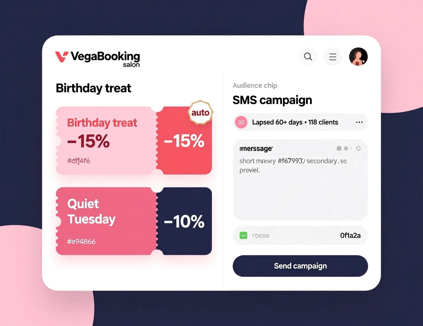 Campaign screen with birthday coupons and an SMS composer