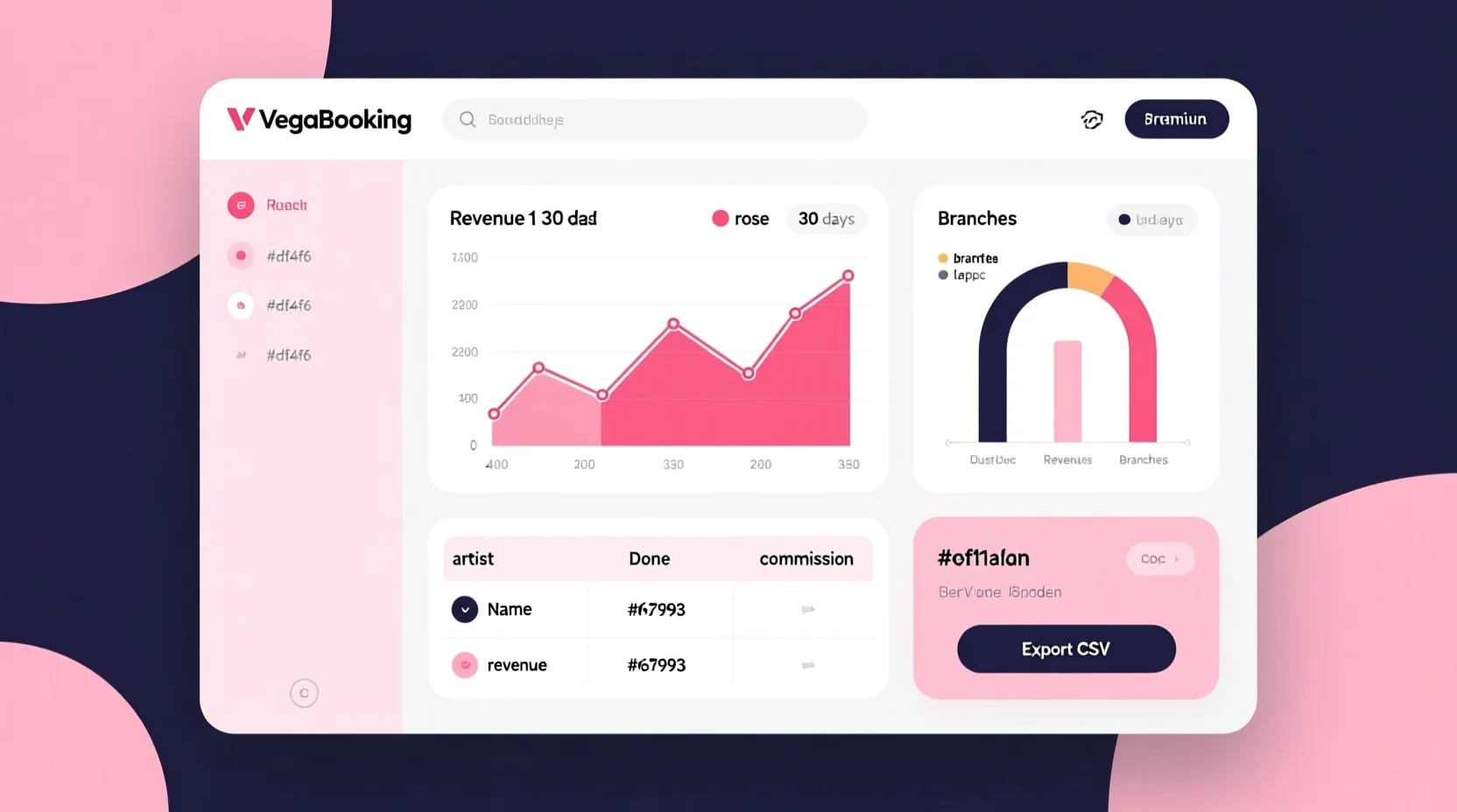 Analytics screen with revenue trends and staff performance