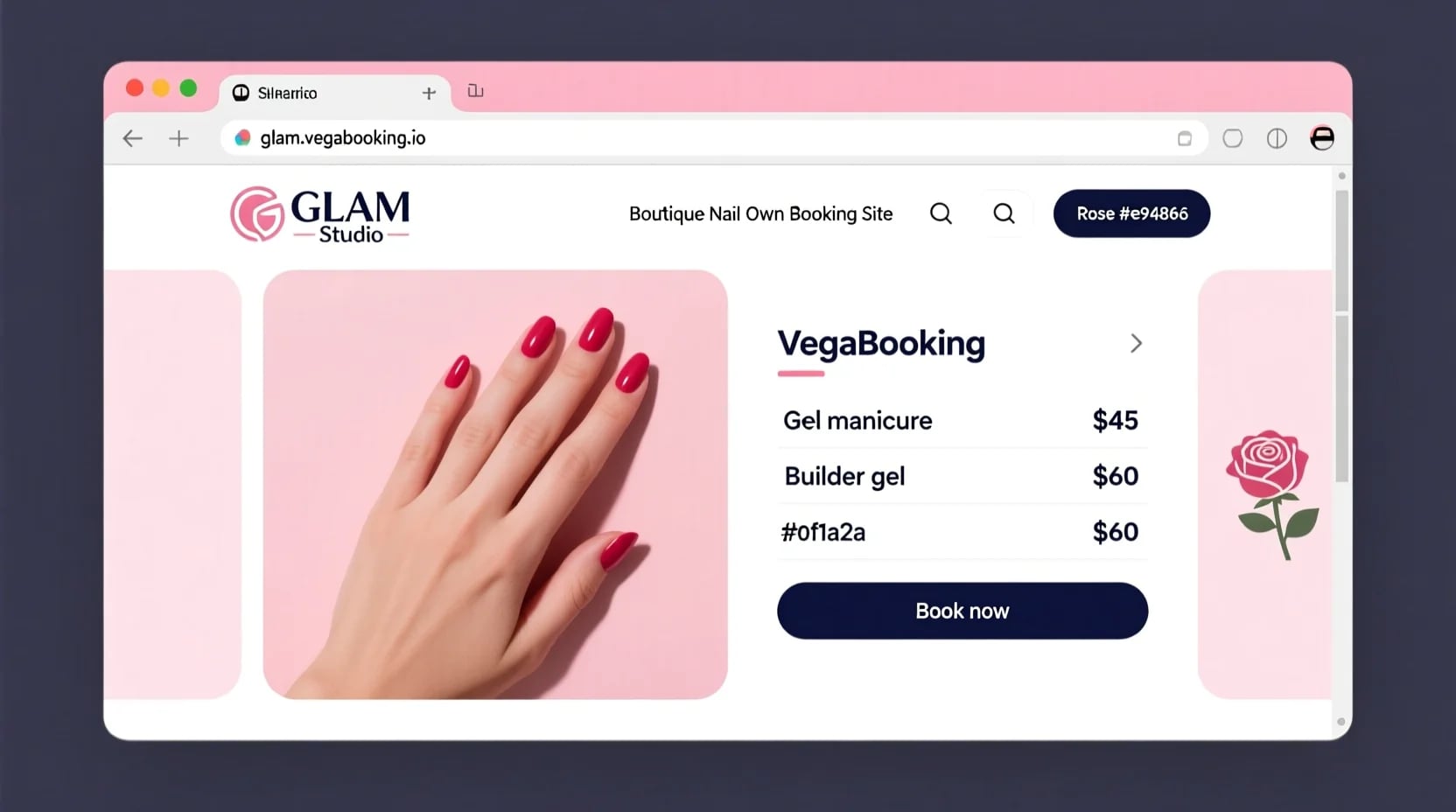 Browser showing a branded salon booking site at glam.benapro.io