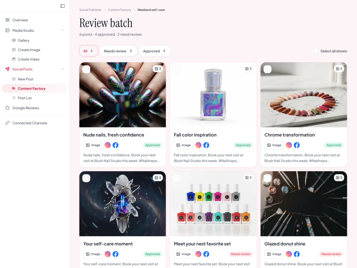 A Content Factory batch in review, with posts awaiting approval