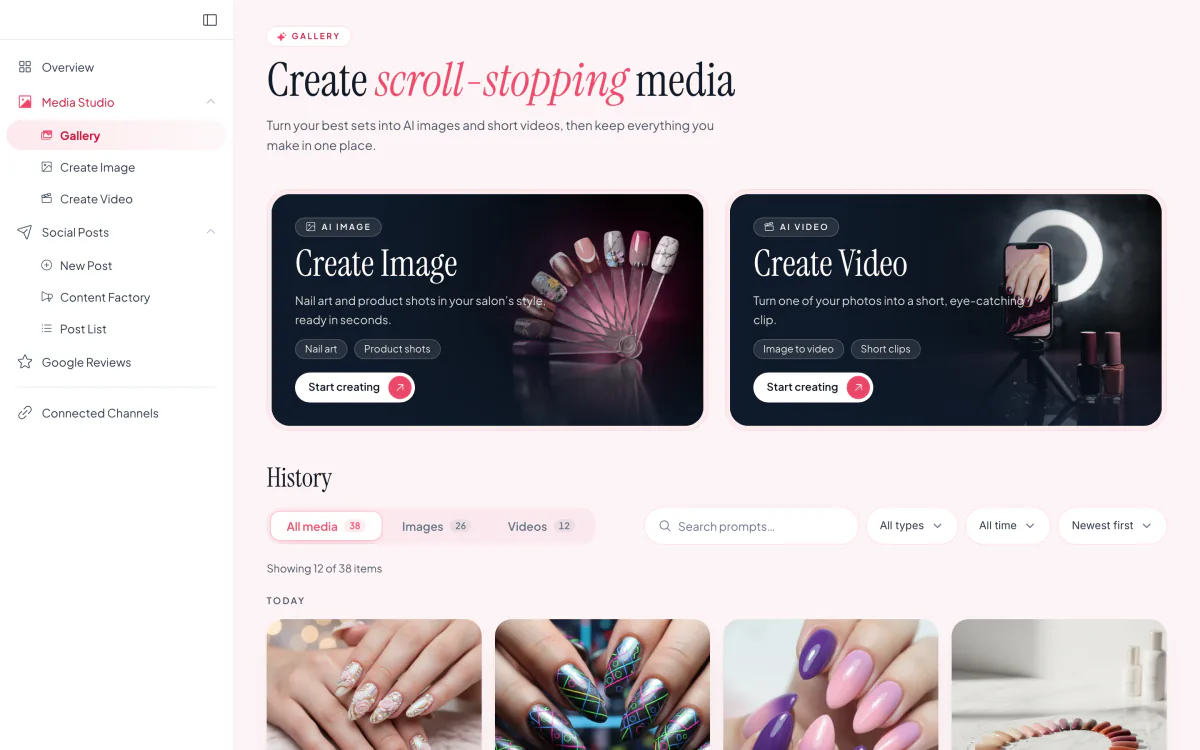 The Media Studio gallery with sample AI images and videos