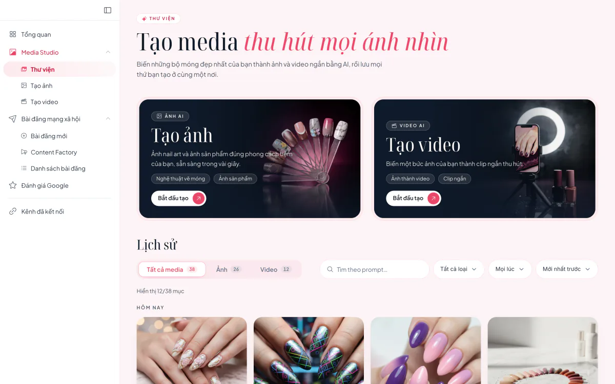 Thư viện Media Studio với ảnh và video AI mẫu