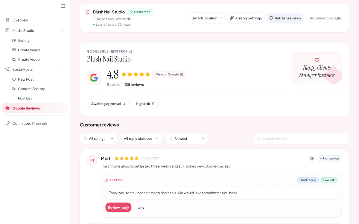 The Google Business Reviews dashboard with AI reply drafts awaiting approval