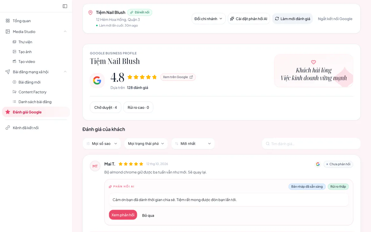 Bảng điều khiển Đánh giá Google Business với các bản nháp phản hồi AI đang chờ duyệt