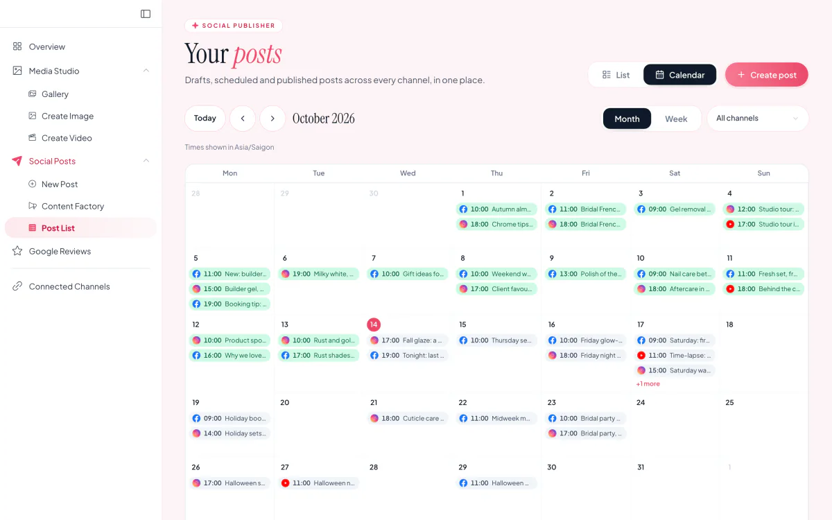 The Social Publisher calendar with scheduled and published posts across channels