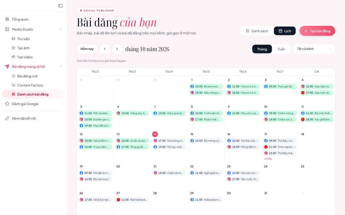 Lịch của Social Publisher với các bài đã lên lịch và đã đăng trên các kênh
