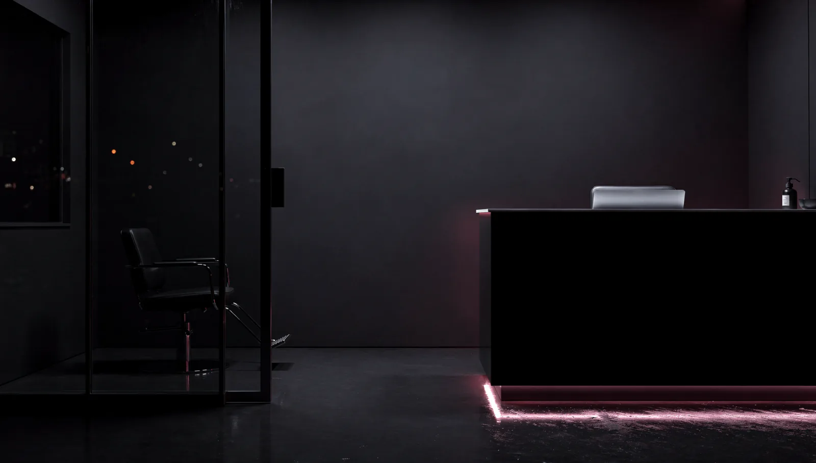 A nail studio after hours, lit by a single plum light line reflected in the floor
