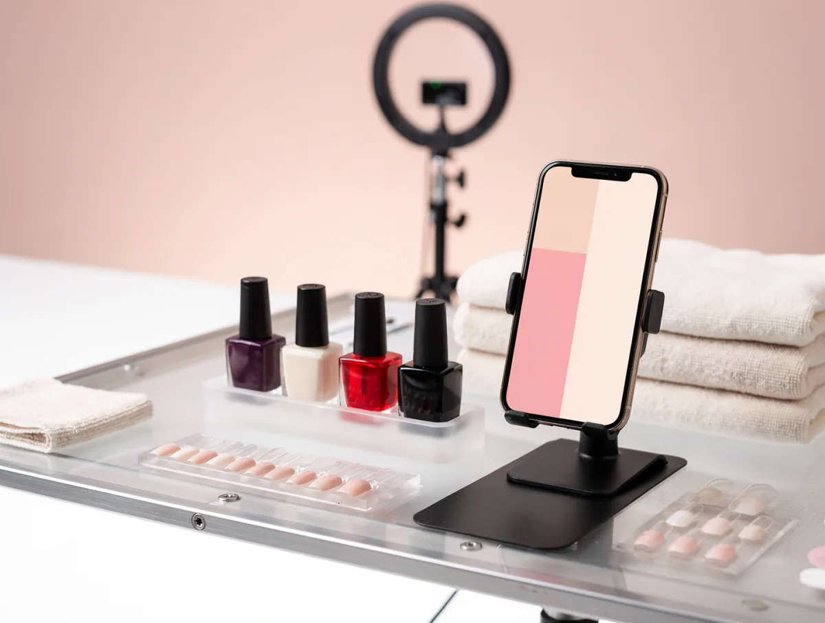 A salon counter set up for content: a phone on a stand, a ring light and products arranged for a shot