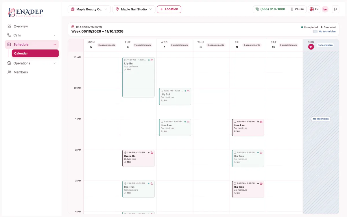 The Console calendar in week view, with bookings made by the receptionist beside manual ones