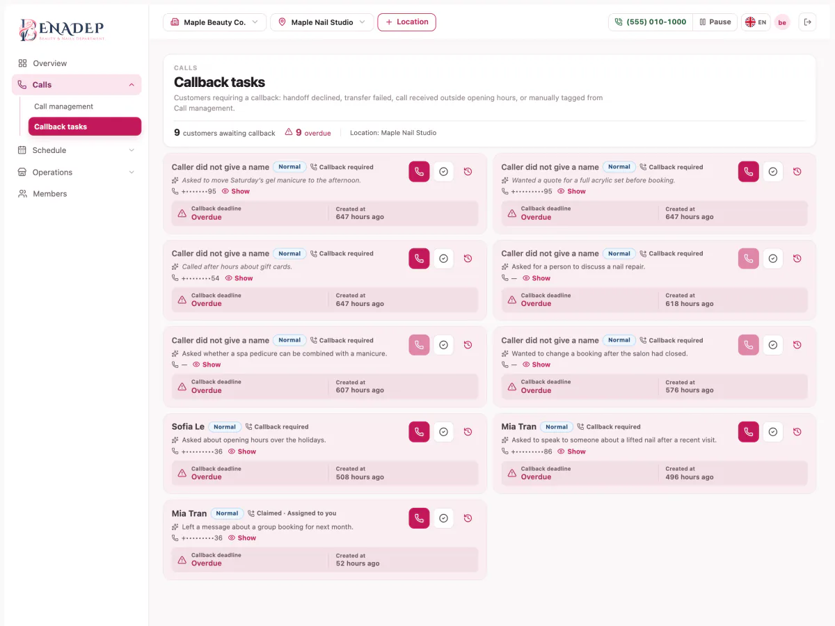 Callback tasks in the Console: who to call back, who claimed each task, and what is overdue