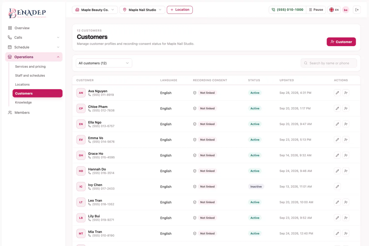 The Console's client list with the recording-consent column