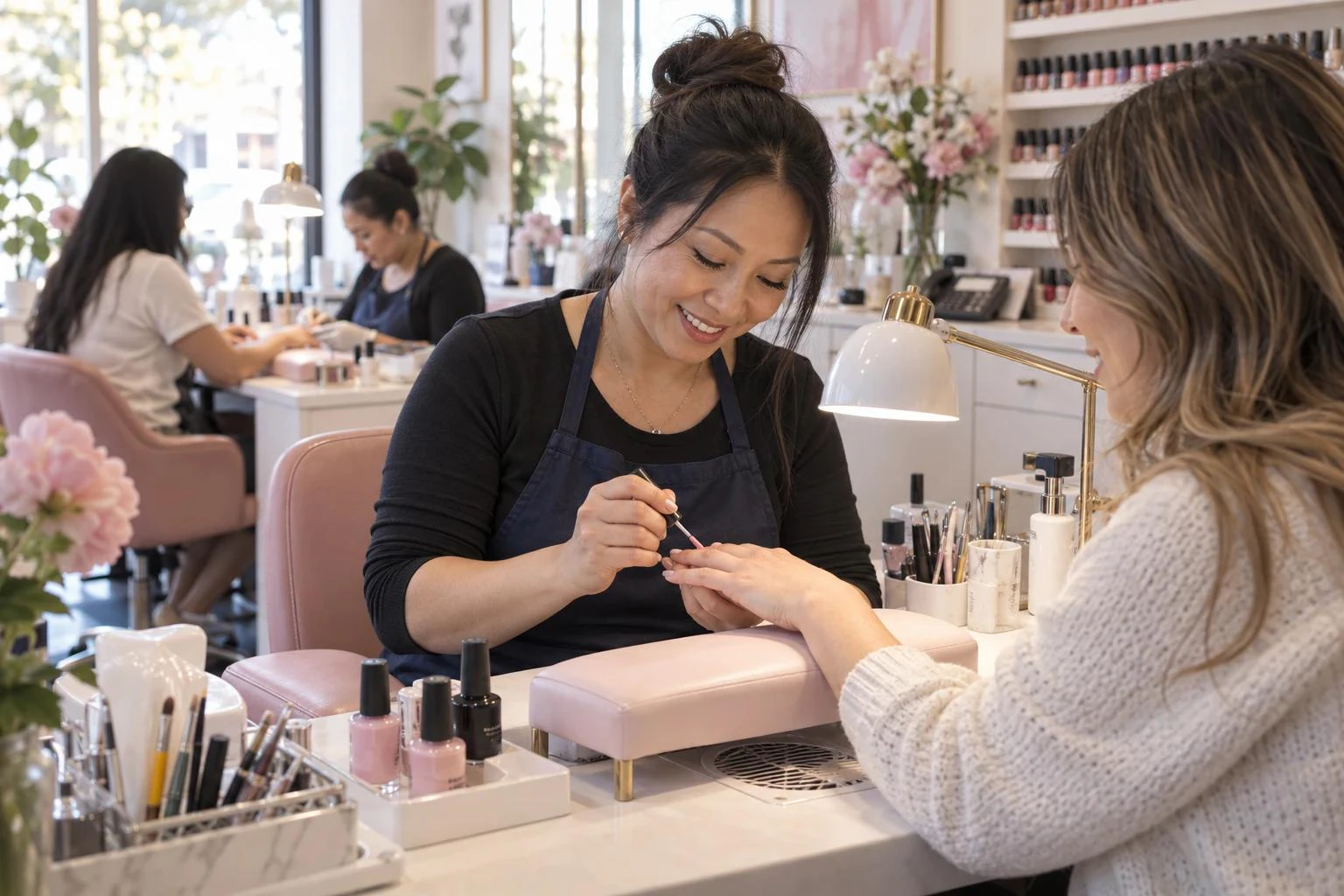 Một khách của tiệm đang check-in với AI Receptionist của Benadep trên điện thoại