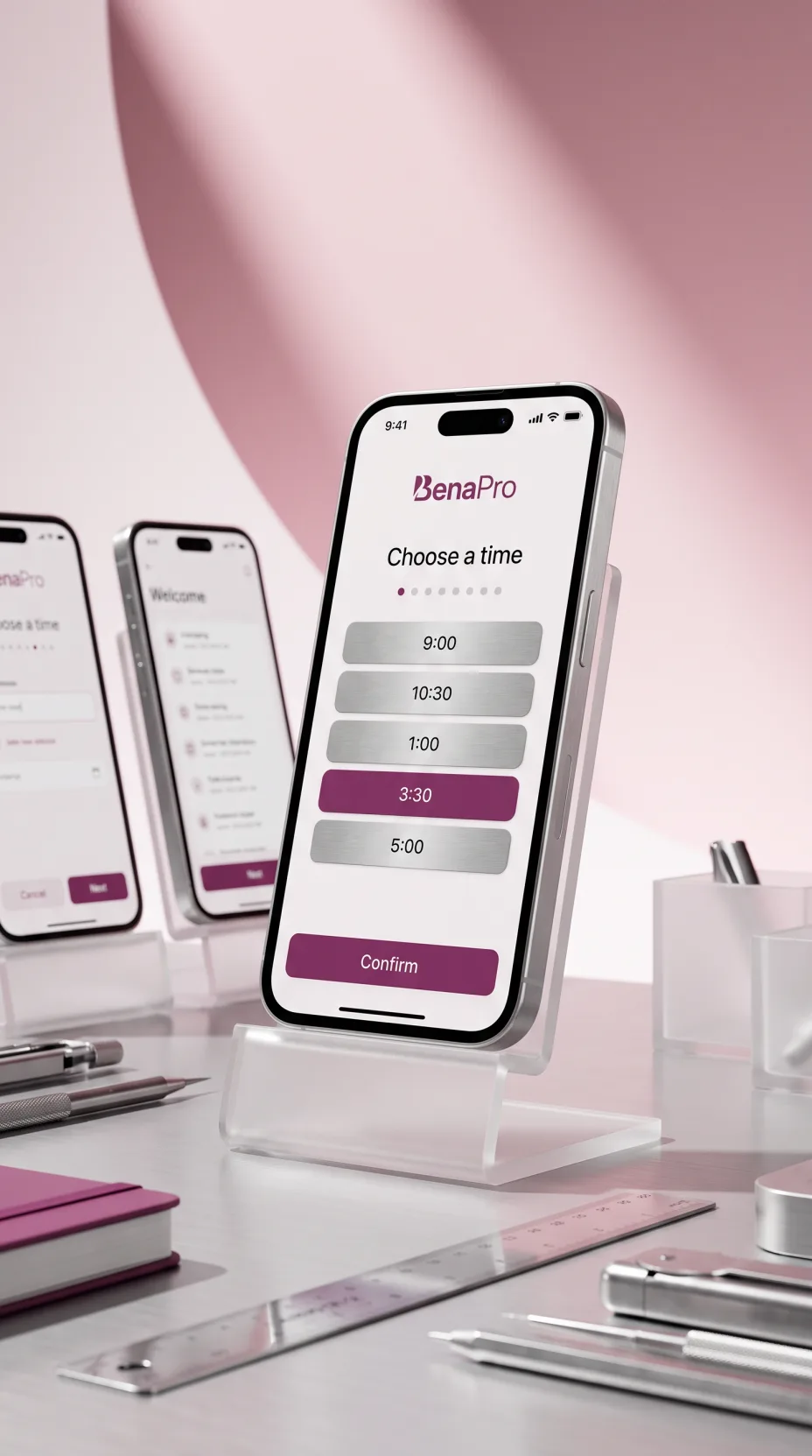 A phone showing the BenaPro client booking flow at the choose-a-time step
