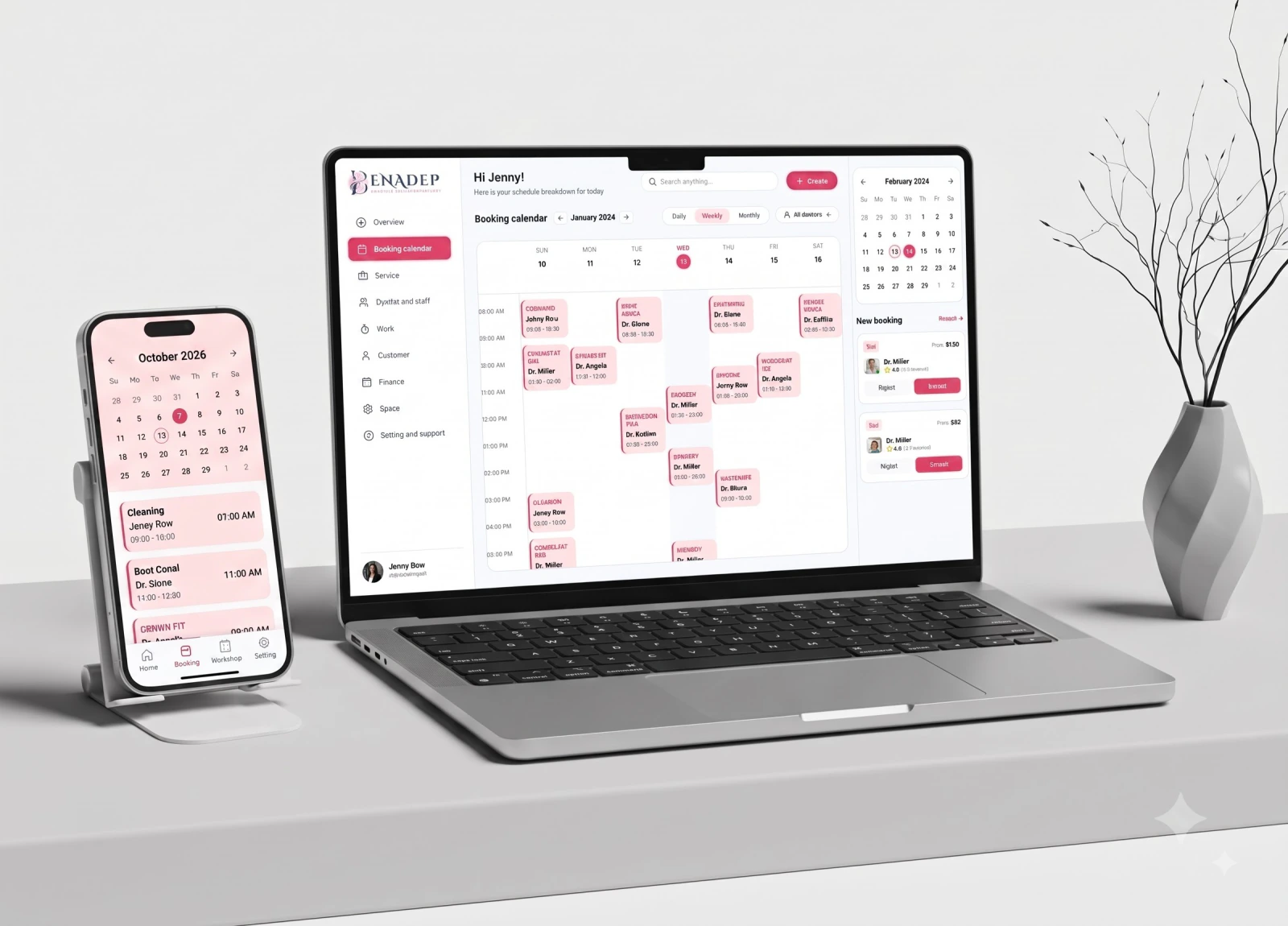 A laptop and phone side by side showing the BenaPro booking calendar and daily schedule