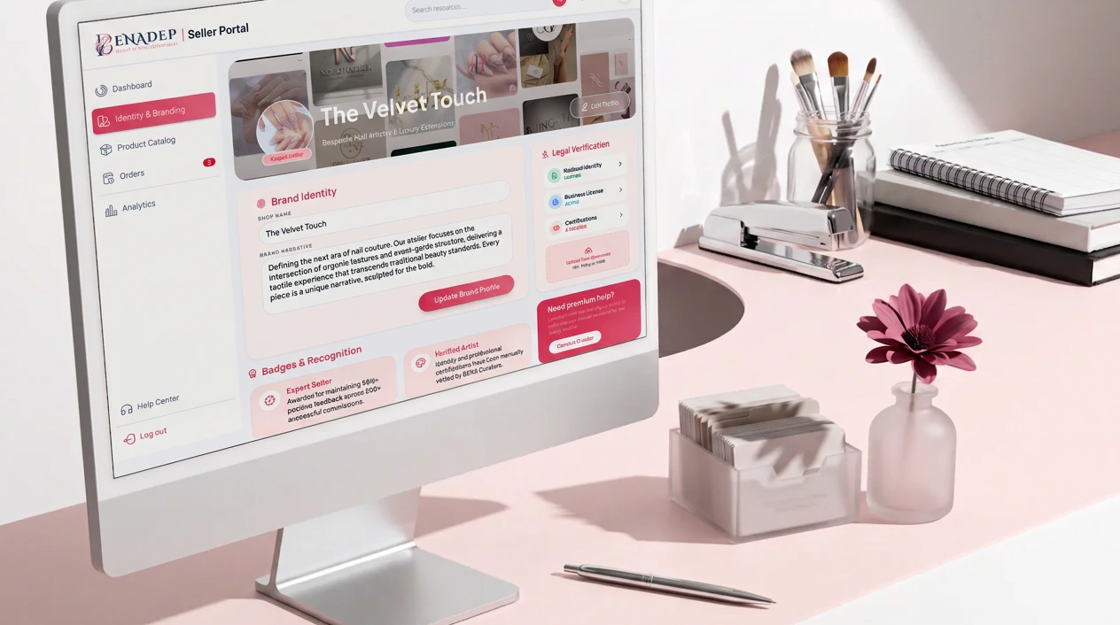 A desktop monitor on a pink desk showing a BenaPro client profile beside a small vase