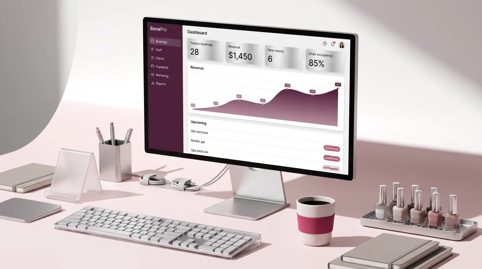 BenaPro dashboard showing today's bookings, revenue, new clients and chair occupancy