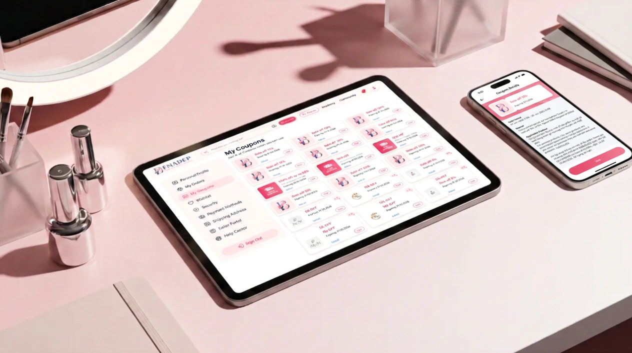 A tablet and phone on a pink desk showing BenaPro promotion campaigns