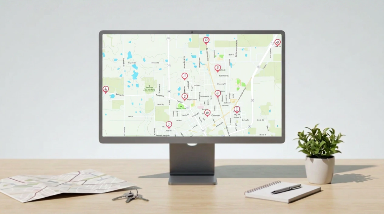 A desktop monitor showing a map of BenaPro salon locations beside a small plant