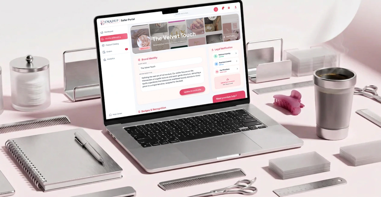 A laptop on a salon desk showing the BenaPro workspace setup screen