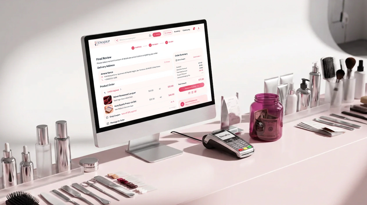 A desktop monitor showing BenaPro checkout beside a card terminal and nail tools