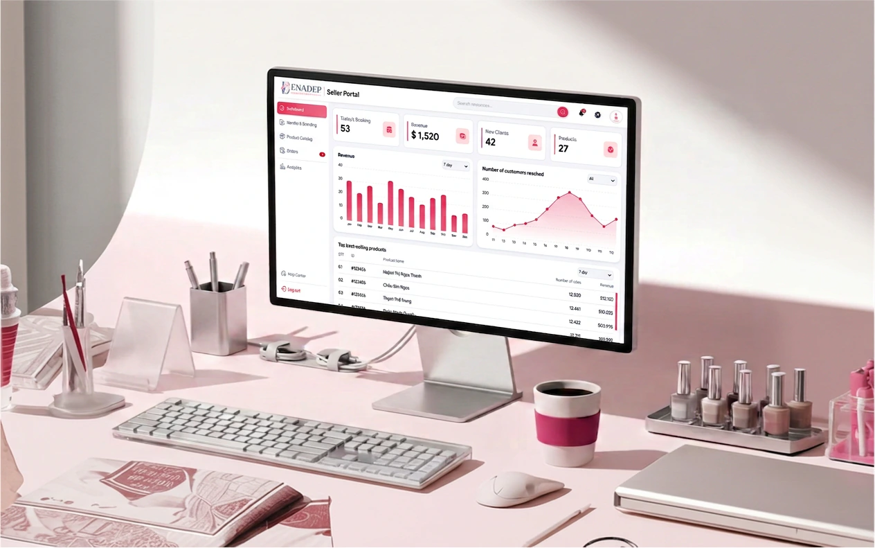 A desktop monitor showing the BenaPro reports dashboard with revenue charts and summary tiles