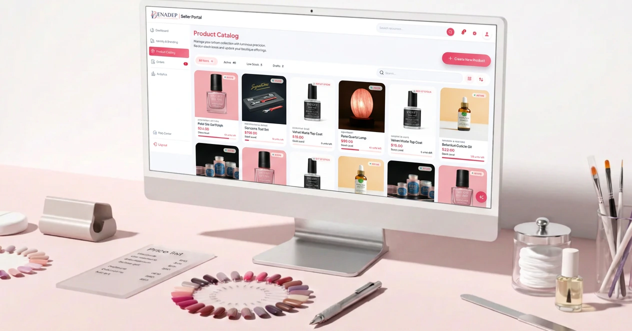 A desktop monitor showing the BenaPro service catalogue with product photos and prices