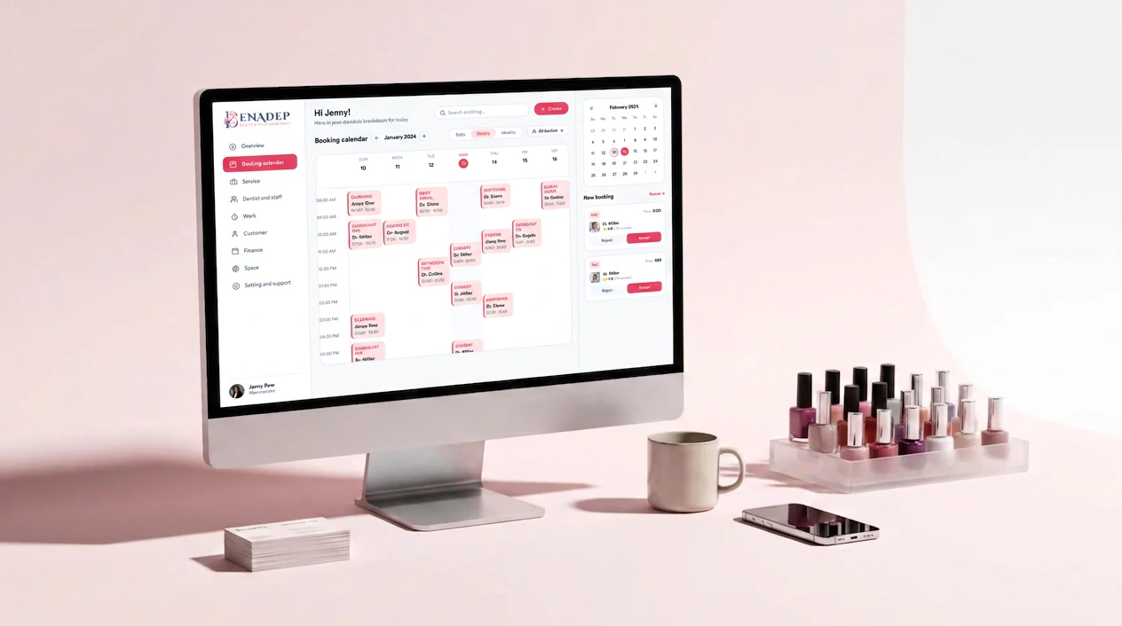 A desktop monitor showing the BenaPro staff schedule beside a row of nail polish bottles