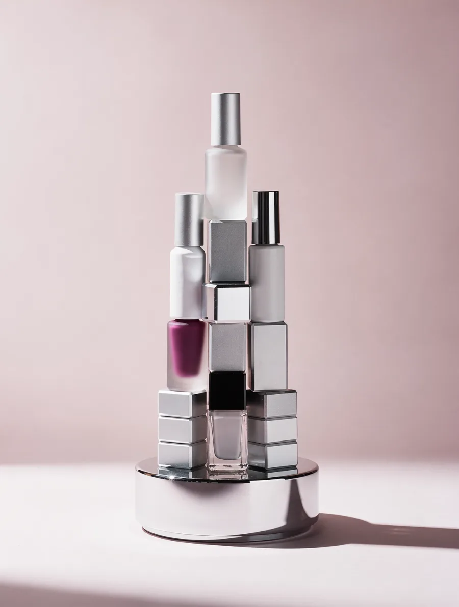 A nail product range stacked as a geometric tower on a chrome plinth