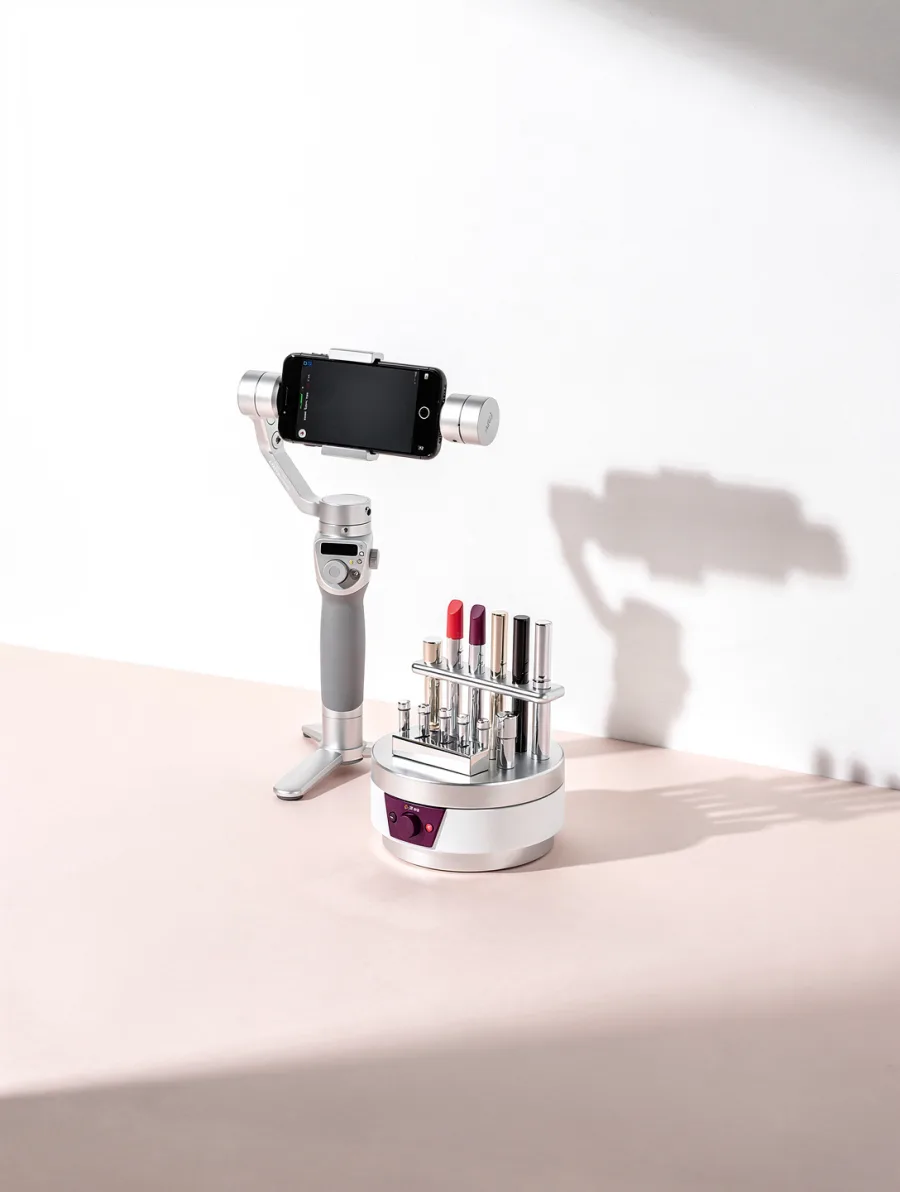 A phone on a gimbal photographing a chrome nail set on a rotating pedestal