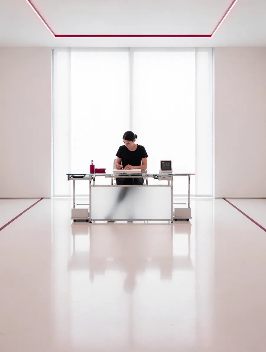 A modern nail salon with a plum light line tracing the ceiling and one technician at work