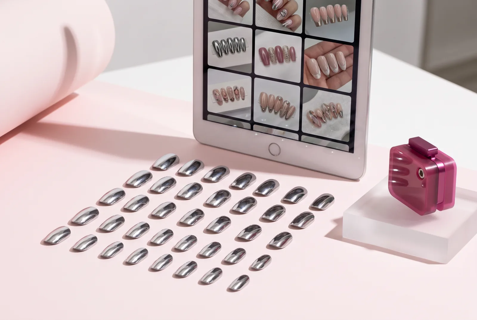 Chrome press-on nail tips in a precise grid beside a tablet showing a grid of nail photographs