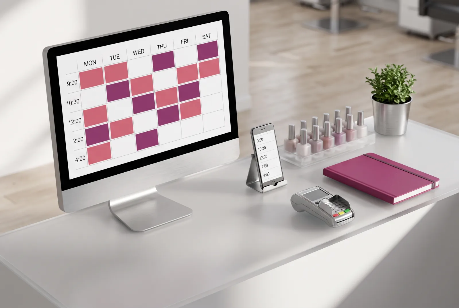 A salon reception screen showing a day of bookings as clean horizontal bars