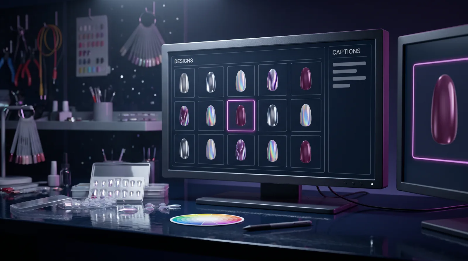 A screen showing a grid of AI-generated nail designs beside draft captions