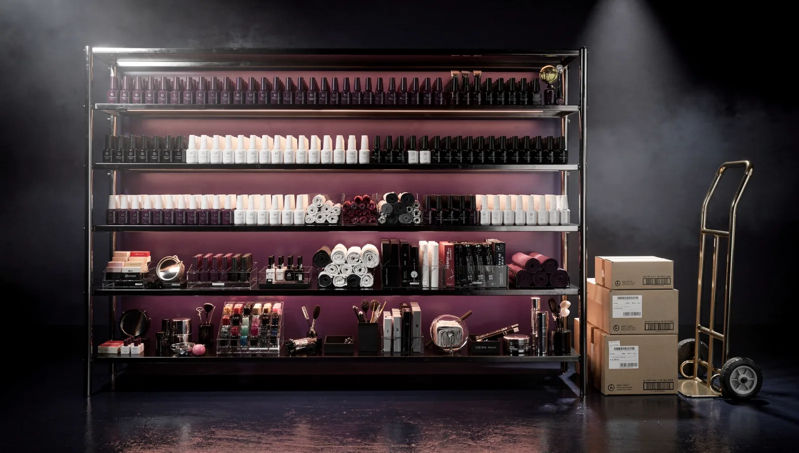 Professional nail products stocked three levels deep on a dark chrome retail shelf