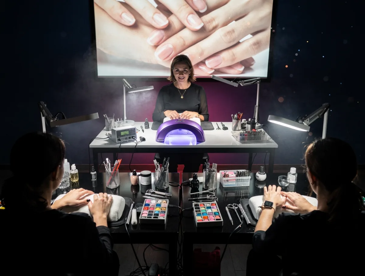 A live nail workshop at night, students at practice tables facing an educator's demonstration
