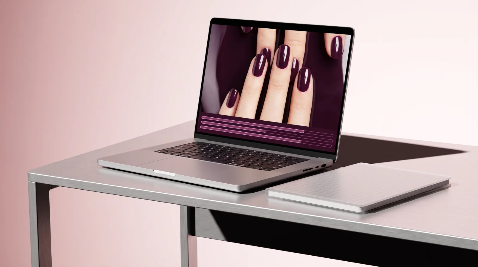 A study desk with a laptop showing a manicure close-up above lesson progress bars
