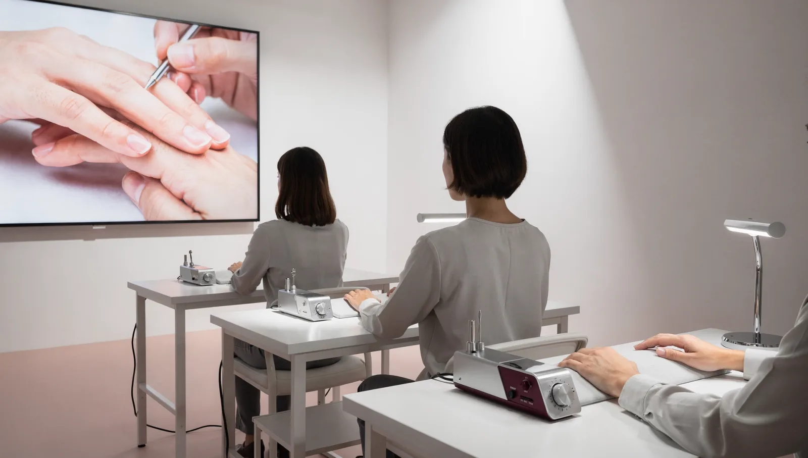 A workshop room with participants facing a screen showing a macro manicure